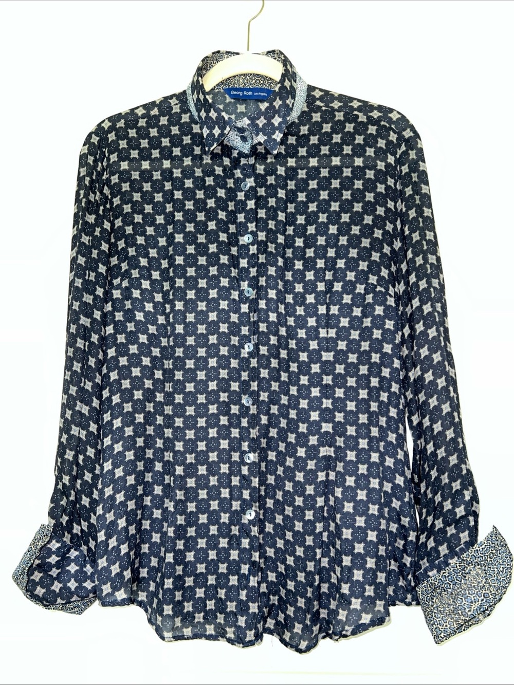 Georg Roth Los Angeles silk Navy Patterned Long-Sleeve Button-Up Shirt M
